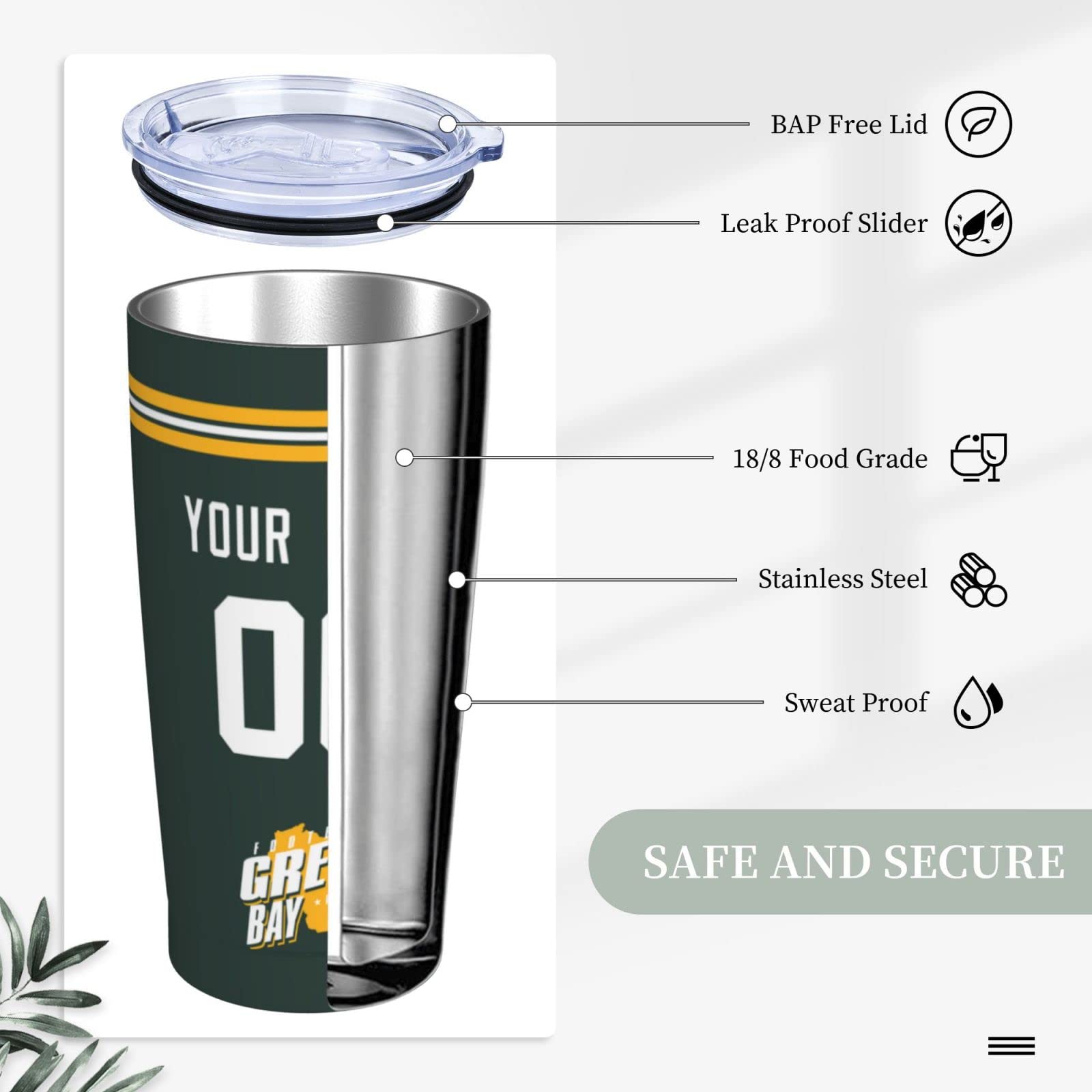 Customized 20 oz Green Bay Cup Insulated Tumbler with Straw - Personalized Name & Number - Leakproof Travel Mug for Coffee, Tea & Cold Drinks - Perfect Gift for Men, Dad, Husband - Great for Office, Gym, Camping & Outdoor Activities