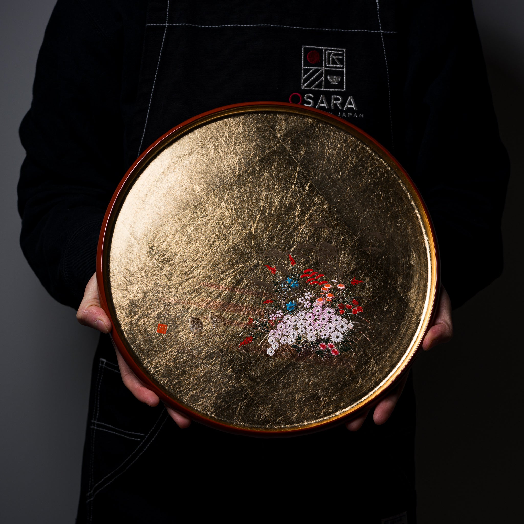 Handcrafted Modern Yamanaka Lacquerware Tray with Gold Flower Motif - 30cm Japanese Wooden Serving Tray for Tea Ceremony, Sushi Presentation & Home Decor