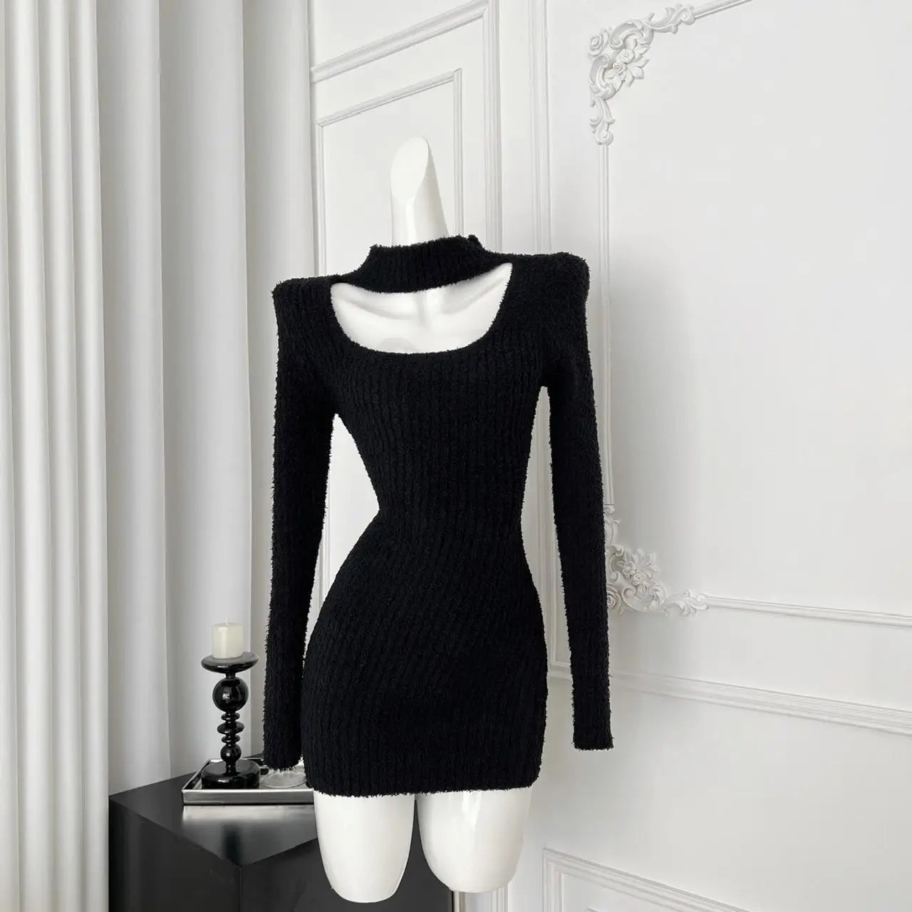 Women's Black Hollowed Out Knit Mini Dress - Autumn Korean Style High Collar Slim Wrap Dress for Party, Date Night & Office Wear