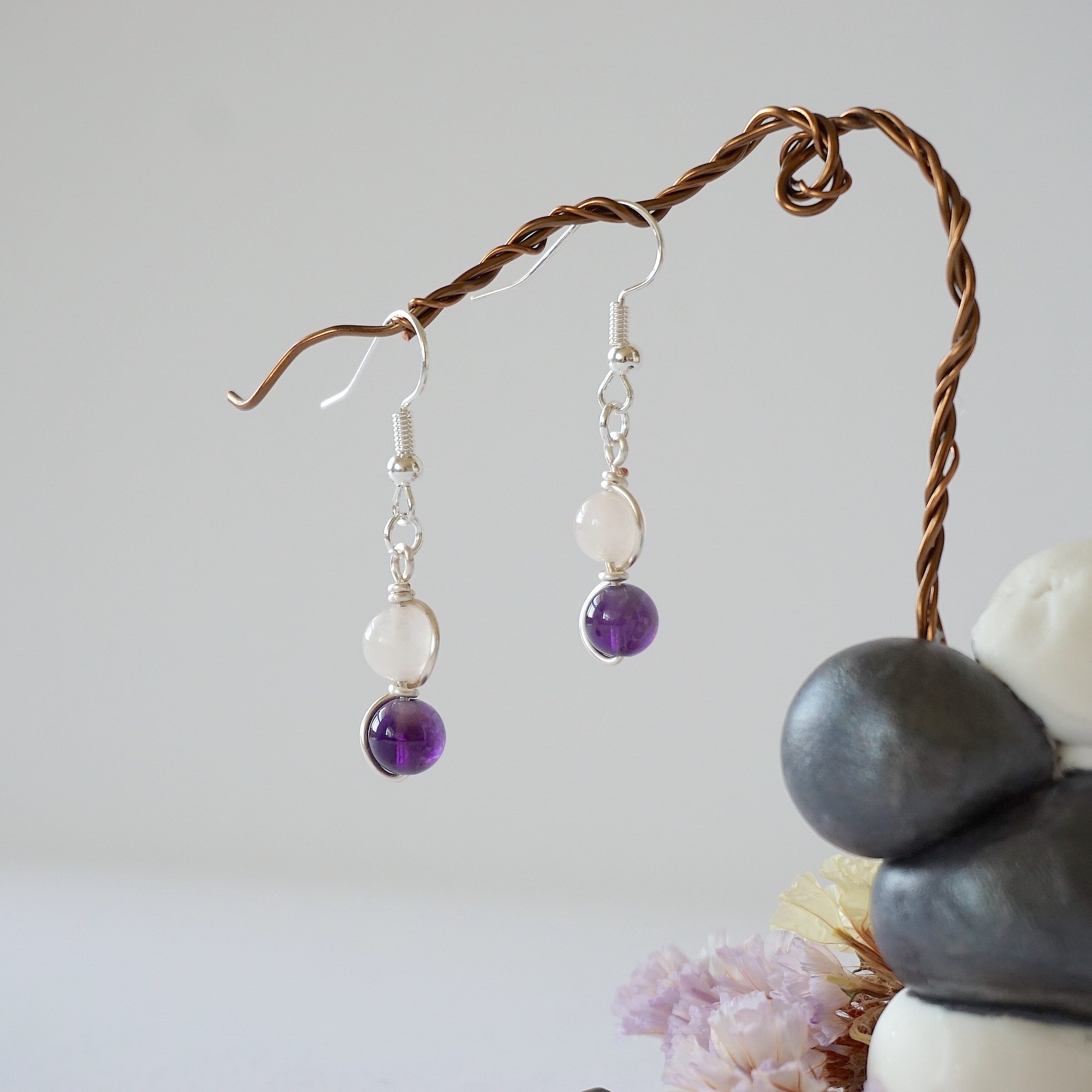 Rose Quartz & Amethyst Drop Earrings - Silver Plated Double Bead Dangle Earrings for Women | Healing Crystal Jewelry, Gift for Her, Birthday, Wedding, Meditation & Spiritual Healing