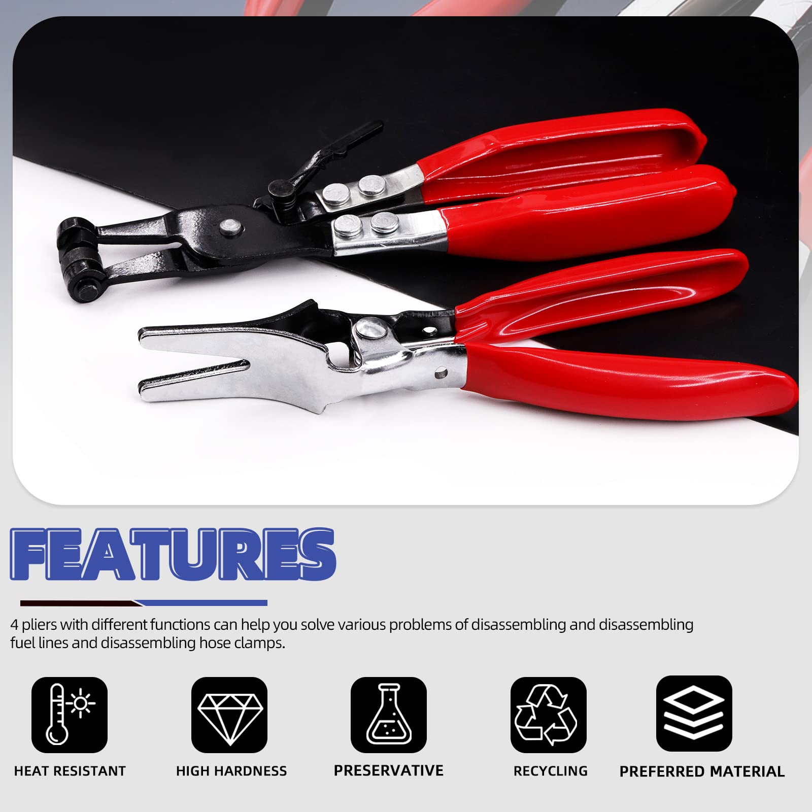 Glarks 4-Piece Fuel Line Pliers Kit - Includes 9-Inch Fuel Filter Calipers, Hose Pipe Clamp Clip, Hose Remover Pliers & Flat Band Hose Clamp Pliers for Auto Repair & Maintenance - Perfect for Mechanics, DIY Car Enthusiasts & Automotive Professionals