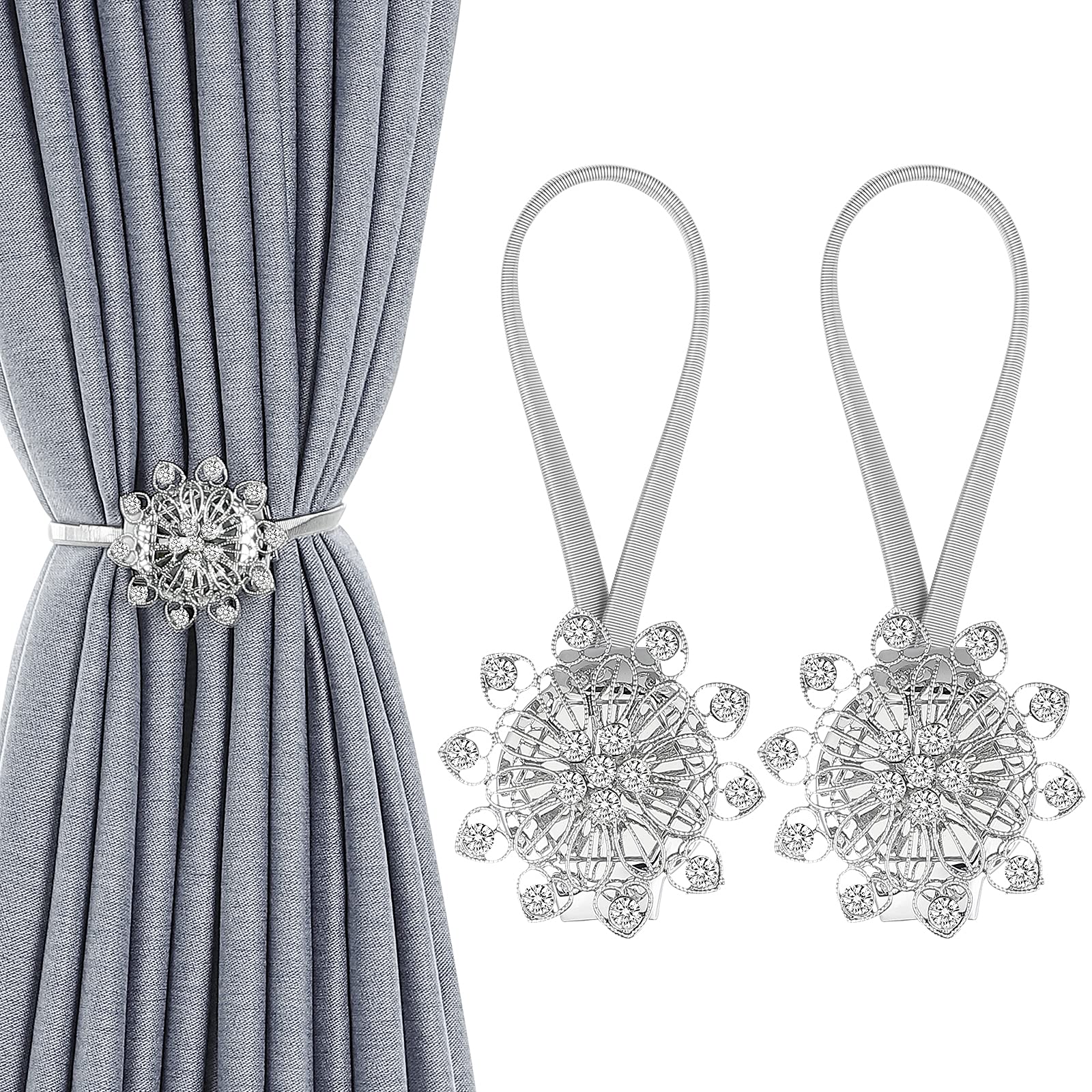 Shinowa 2-Pack Magnetic Curtain Tiebacks - No Drill Crystal Drapery Holdbacks with 10 Heart Tip Petals for Window Decor, Home & Office - Silver | Perfect for Living Room, Bedroom & Dorm Room Decorations