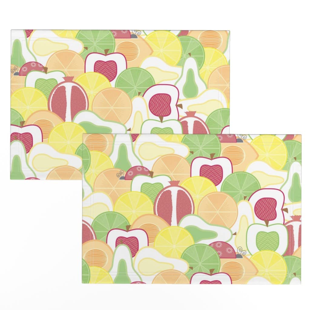 Premium Linen Cotton Canvas Placemats Set of 2 - Vibrant Orchard Fruit Gardening Print with Citrus & Ladybugs Design - Durable & Stylish Table Mats for Outdoor Dining, Picnics, and Kitchen Decor
