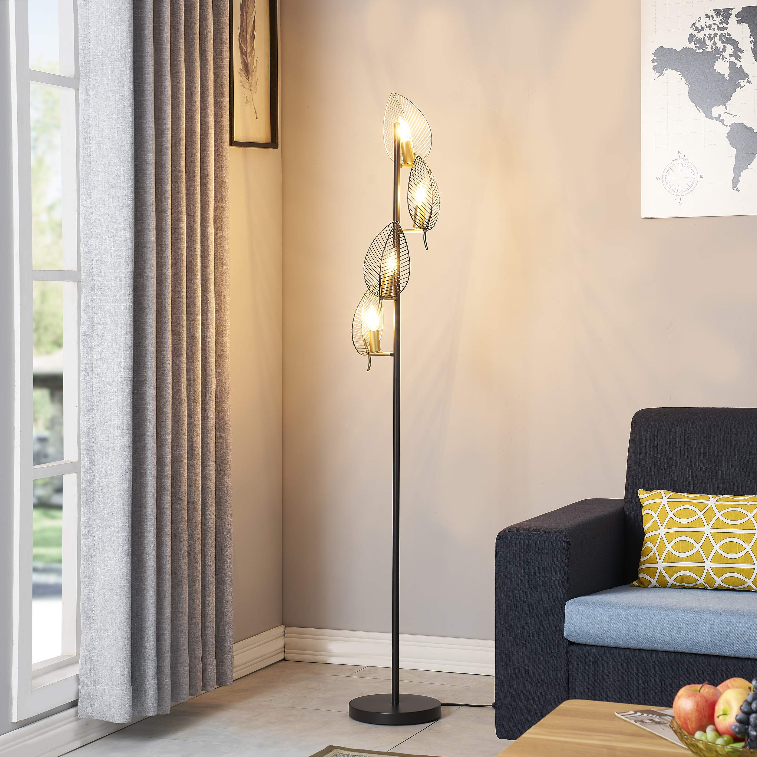 WOXXX Industrial Black Floor Lamp with 4 Brush Gold Finish Leaf Shade - Modern Tree Floor Lamp for Living Room, Bedroom, Office - Tall Standing Reading Lamp with Farmhouse Style (4 Bulbs Included) - Perfect for Cozy Reading Nooks, Living Room Accent Lighting & Bedside Illumination