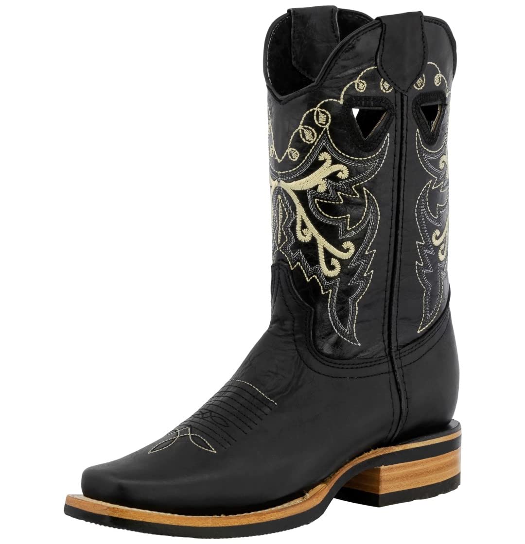 Authentic Genuine Leather Women's Western Cowboy Boots - Texas Legacy Jesse Black Square Toe for Country Dancing, Rodeo & Casual Wear