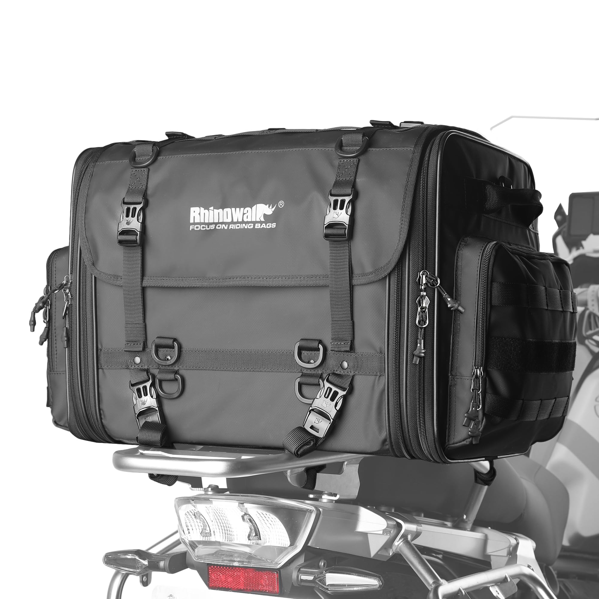 Rhinowalk 80L Expandable Motorcycle Tail Bag - Waterproof Saddle Bag with Straps for Travel & Commuting