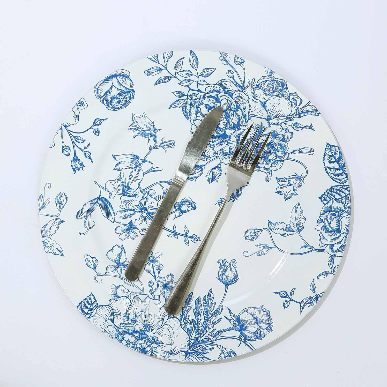 Efavormart 6 Pack White Blue Floral Acrylic Charger Plates - French Toile Pattern Round Dinner Plates for Wedding, Party & Holiday Decor - 13 Inch Elegant Table Setting Chargers