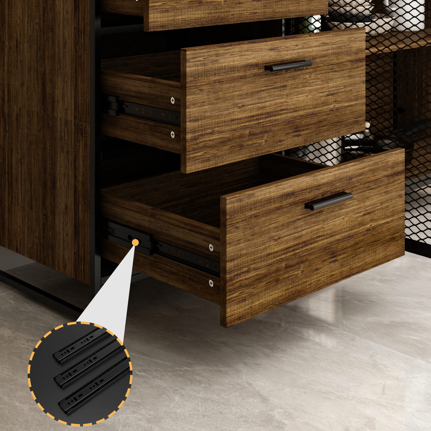 Large Kitchen Hutch Cabinet with 3 Metal Doors & 3 Drawers - Rustic Brown Pantry Storage Cupboard with Microwave Shelf (59