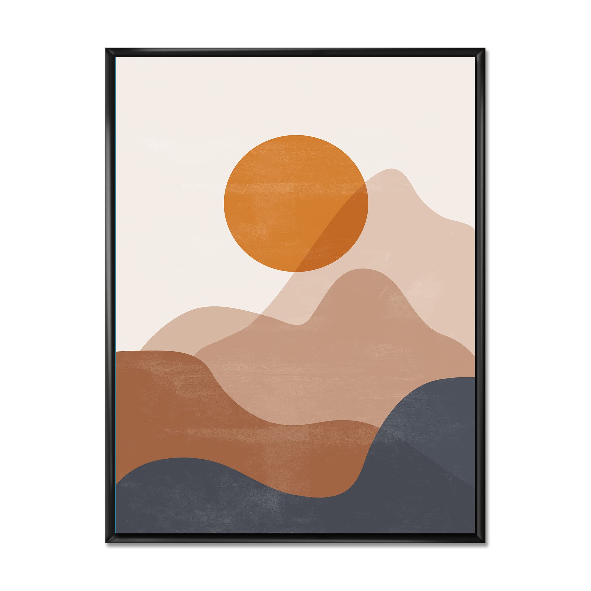 Abstract Red Moon In Earth Toned Mountains II - Modern Framed Canvas Wall Art Print for Living Room, Bedroom & Office Decor