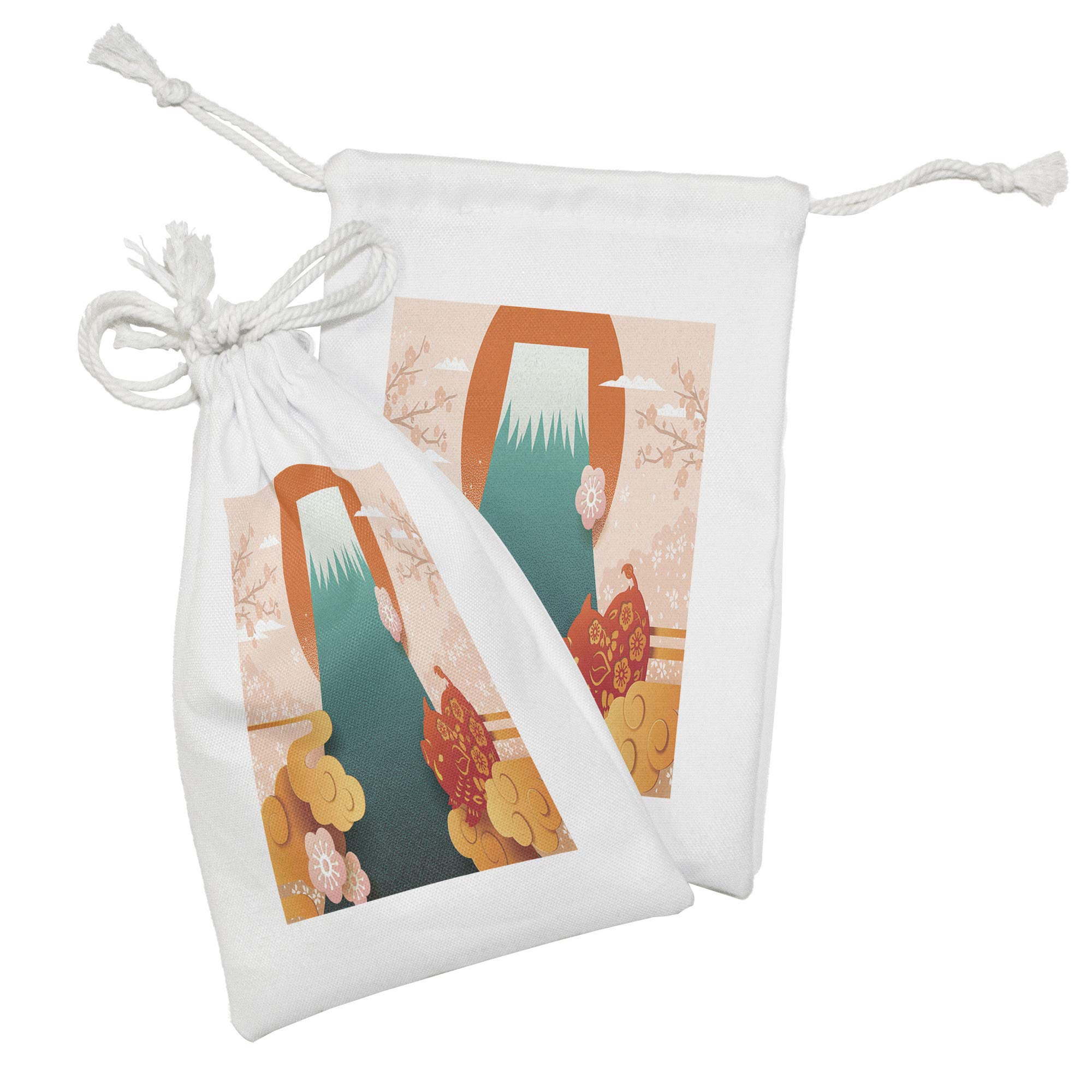Ambesonne Japanese Fabric Pouch Set of 2 - Folkloric Cherry Blossom & Mountain Pig Design Drawstring Bags (9