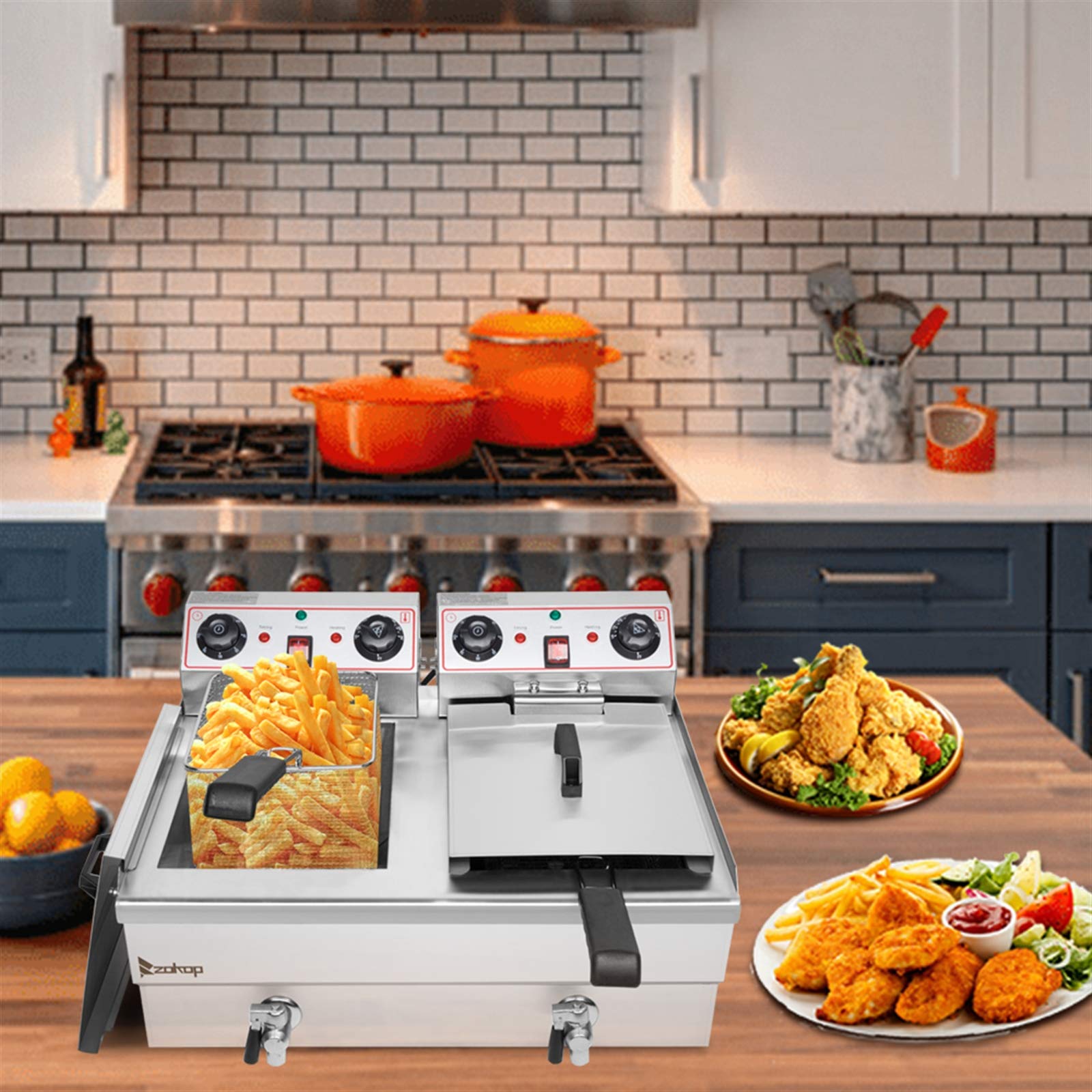 3400W Commercial & Home Stainless Steel Double Tank Deep Fryer - 24.9QT/23.6L Large Capacity Electric Air Fryer with 8L Basket & Faucet (Dual Cylinder) - Perfect for Restaurants, Food Trucks & Family Gatherings