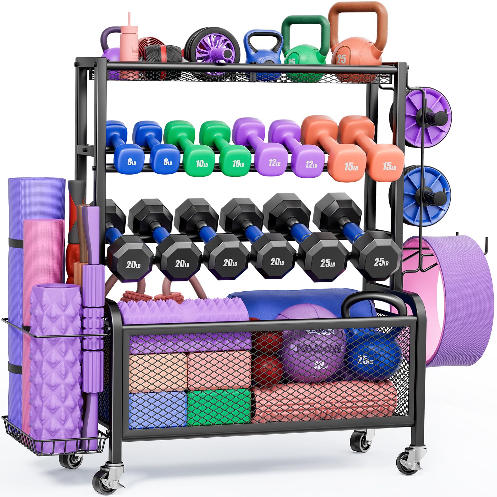 Dumbbell Rack with Wheels - All-in-One Home Gym Storage for Dumbbells, Kettlebells, Yoga Mats & Exercise Balls | Space-Saving Workout Equipment Organizer for Home & Garage Gym