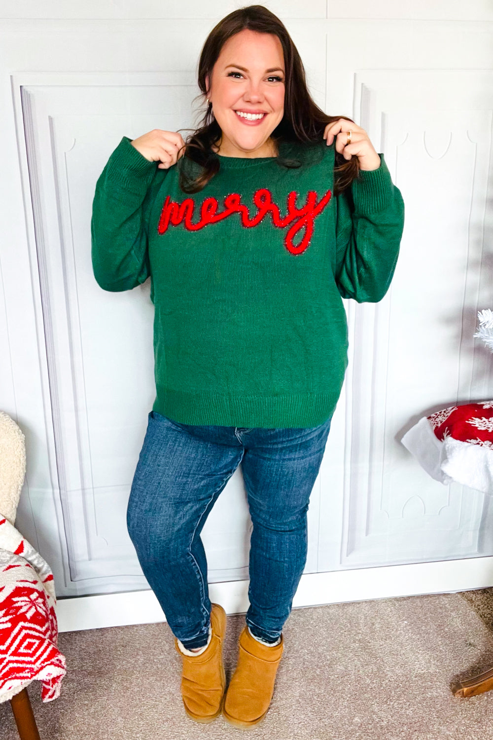 Be Merry Hunter Green Pop Up Lurex Sweater - Festive Holiday Knitwear for Women | Perfect for Christmas Parties & Winter Gatherings