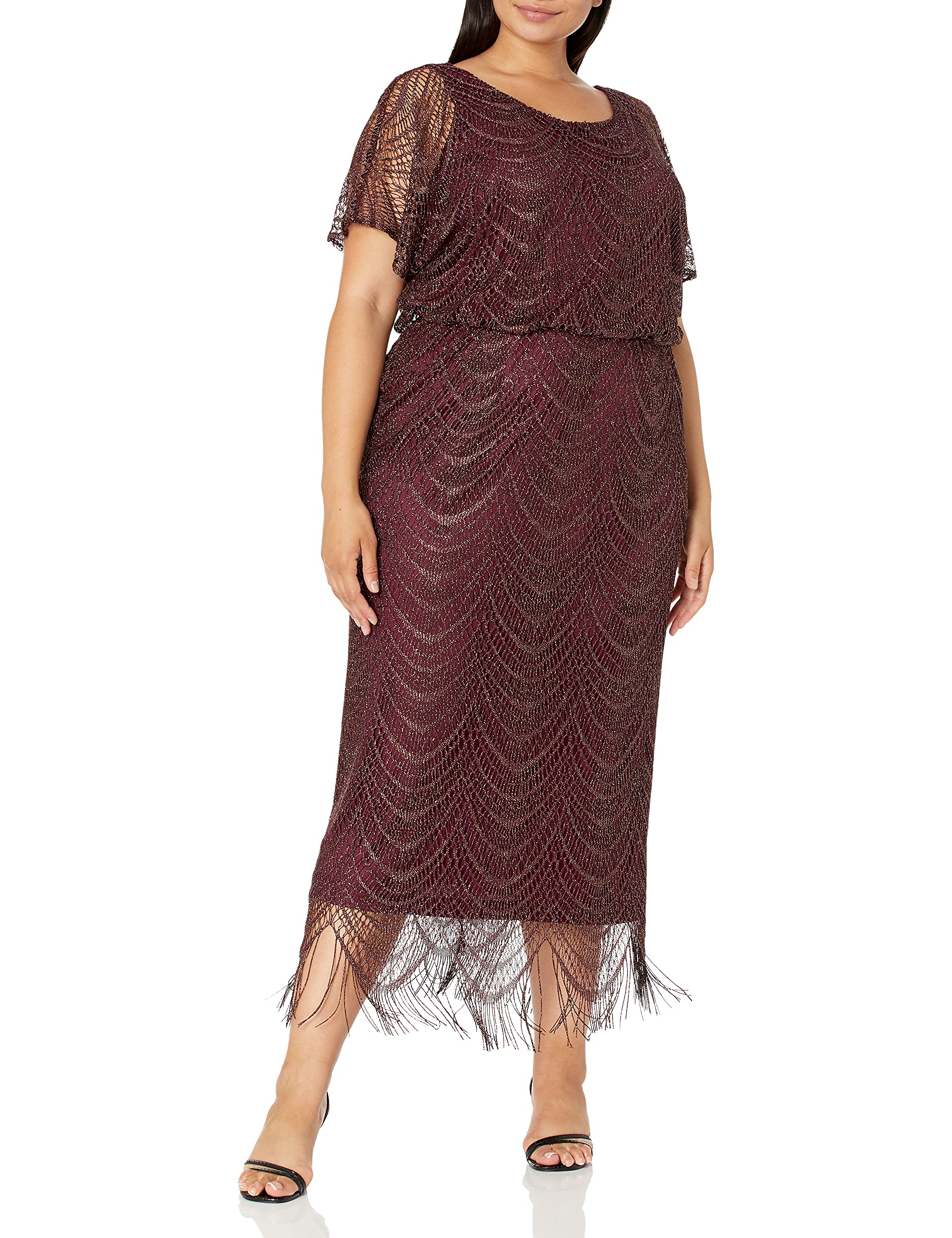 S.L. Fashions Women's Plus Size Metallic Blouson Crochet Dress - Elegant Boho Chic Party & Wedding Guest Outfit for Curvy Women