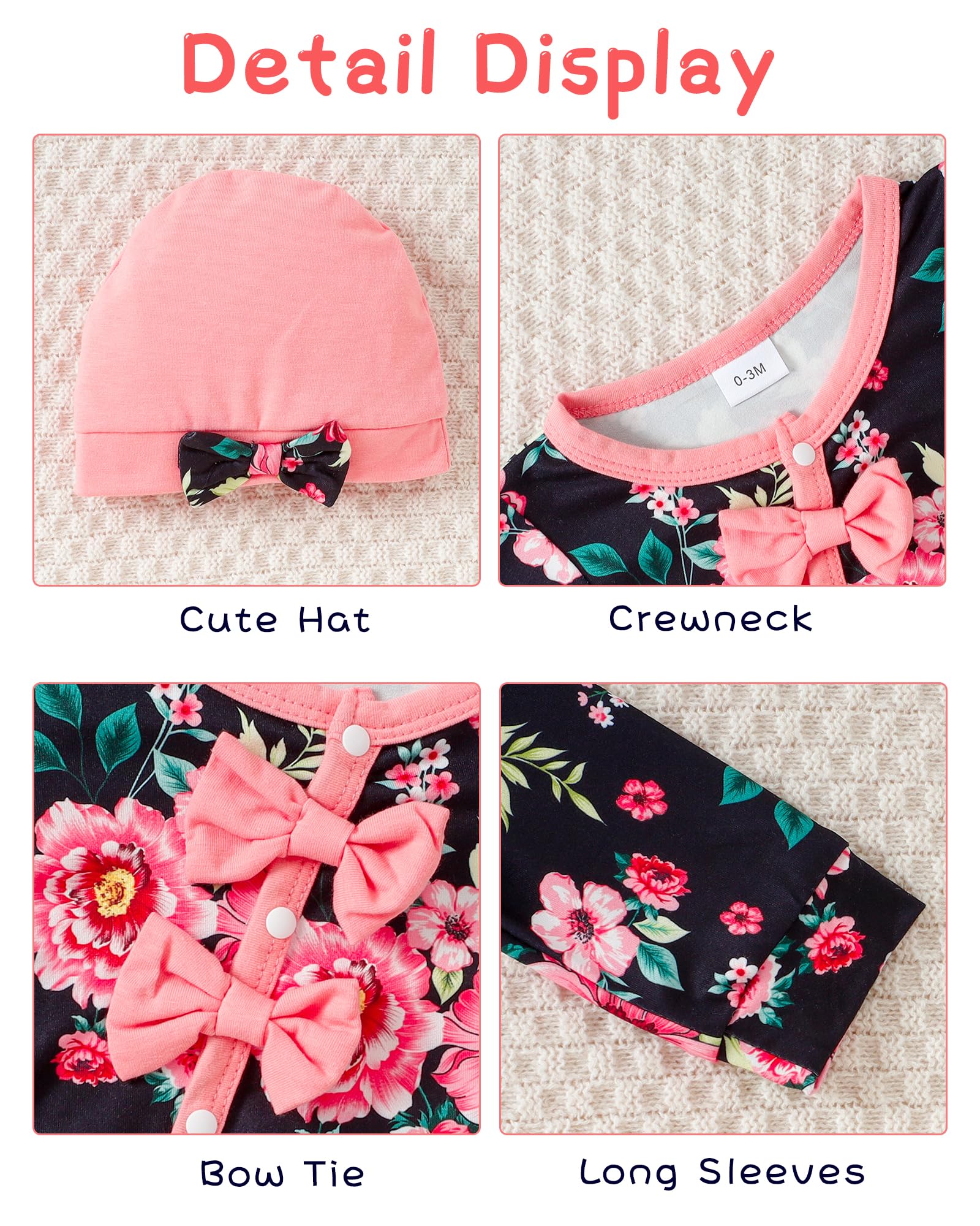 Mioglrie Newborn Baby Girl Clothes - Soft Long Sleeve Romper Jumpsuit with Floral Hat for Infants | Fall Winter Outfits for Preemie Girls | Perfect for Photoshoots, Family Gatherings & Daily Wear