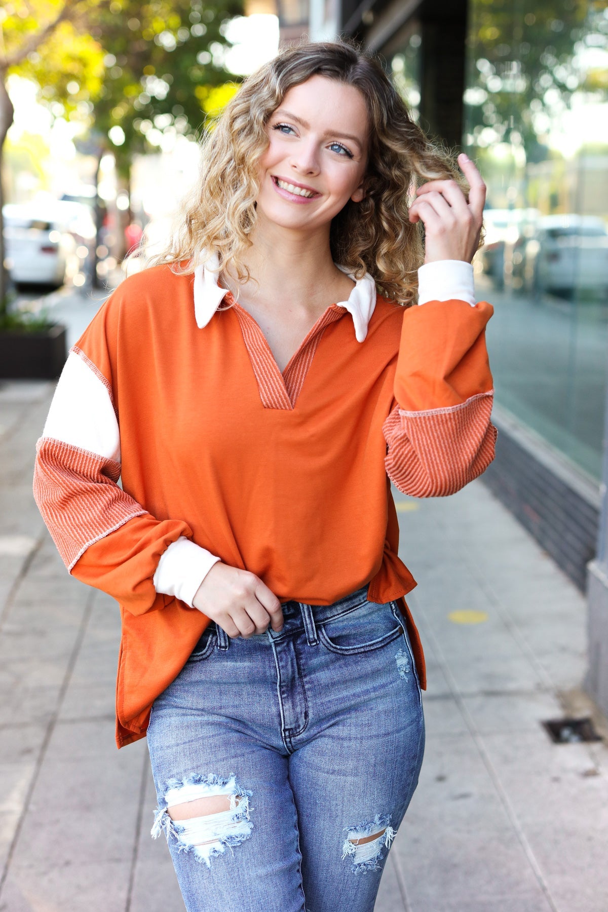 Falling For You Rust Color Block Collared French Terry Top | Women's Casual Long Sleeve Shirt | Perfect for Autumn Outfits, Coffee Dates & Weekend Errands
