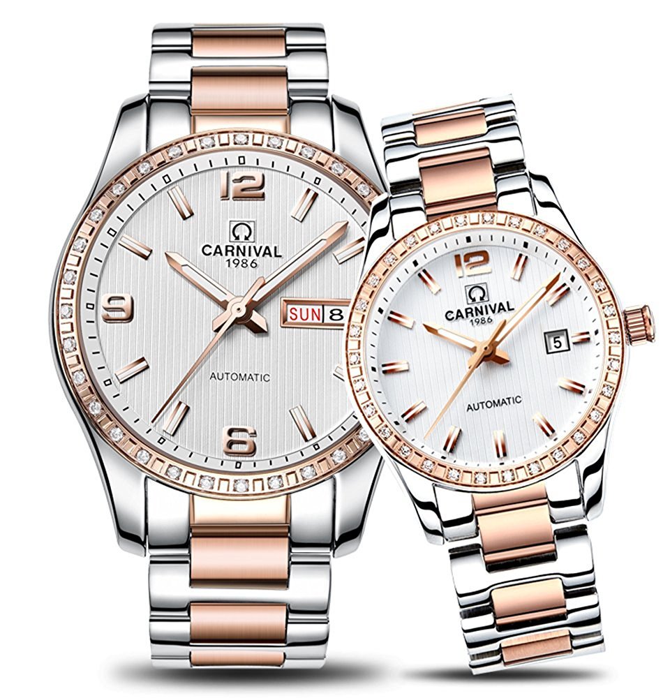 MASTOP Couple Stainless Steel Automatic Mechanical Watch - Sapphire Crystal Glass, Water Resistant, Unisex Luxury Wristwatch Gift Set for Men & Women (2-Piece Set) - Perfect for Anniversaries, Weddings and Romantic Couple Gifts