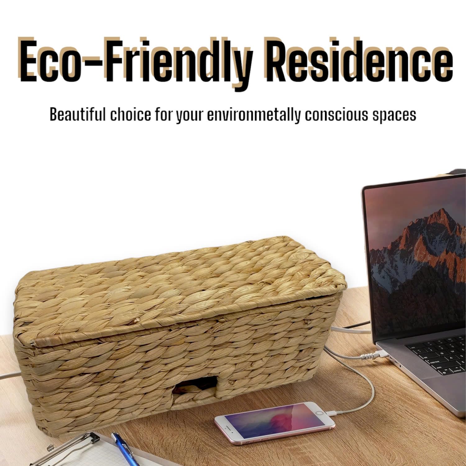Durable Rattan Cable Management Box with 2 Open Slots - Handmade Water Hyacinth Organizer for Home Office Desk, Computer, TV Wires, USB Hub & Power Strip | Perfect Cord Organizer for Clutter-Free Workspace & Entertainment Center