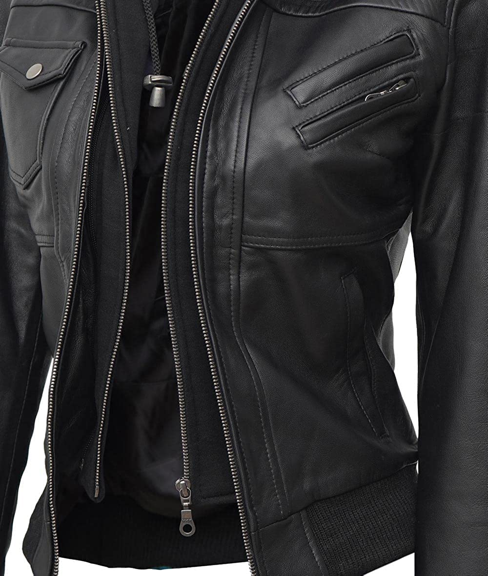 Women's Black Leather Bomber Jacket with Removable Hood - Stylish & Versatile Outerwear for Casual, Work & Night Out (Large)