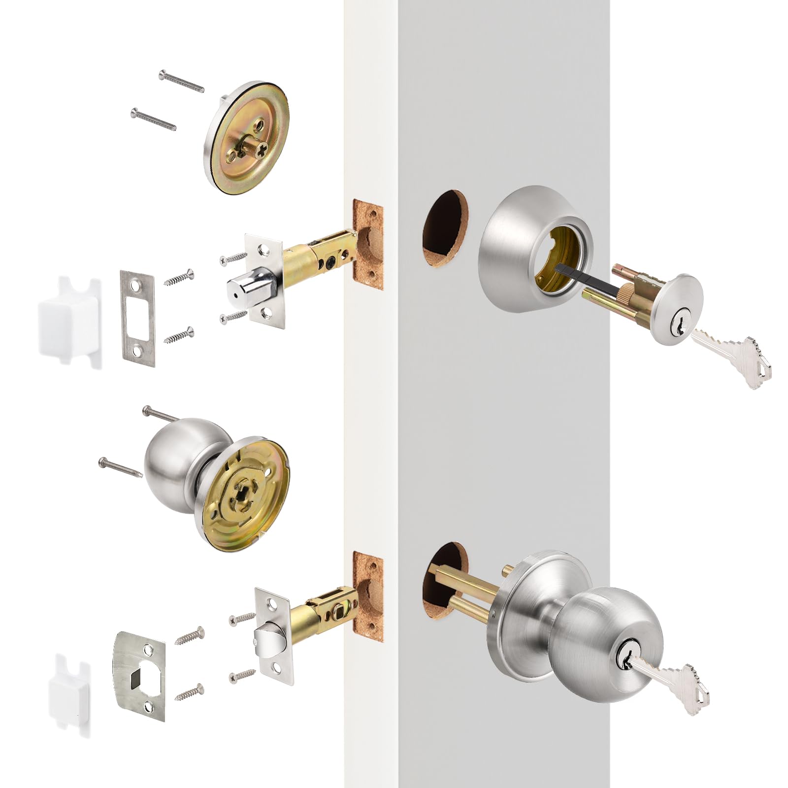 Probrico Satin Nickel Door Handle Set with Deadbolt - Keyed Alike for Home Security