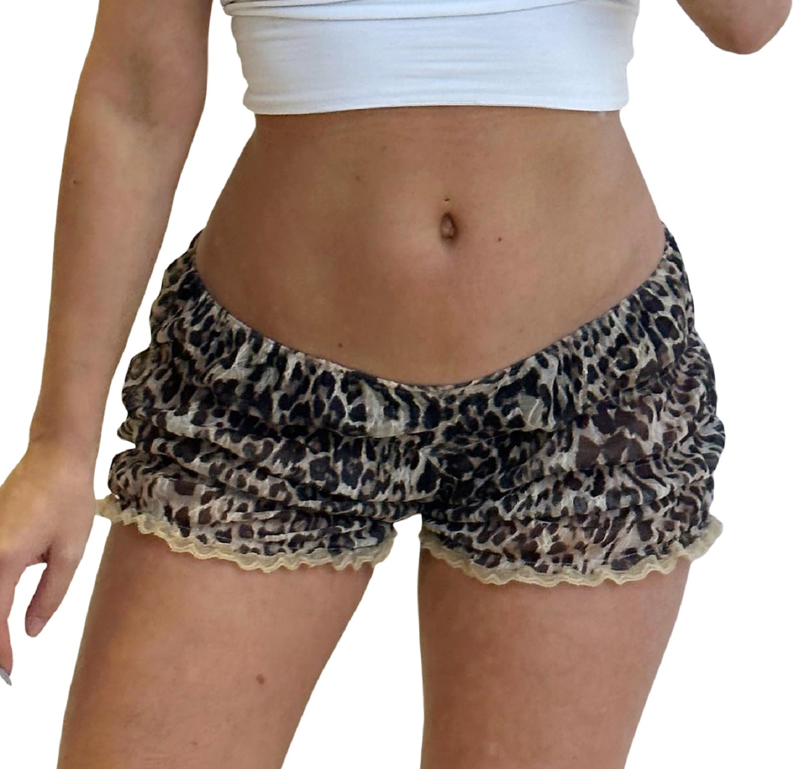 Faretumiya Women's Y2K Leopard Print Ruffle Boy Shorts - Low Rise Smocked Mini Shorts, Sexy Micro Bloomers for Sleepwear & Loungewear | Perfect for Casual Wear, Night Out, and Summer Outfits