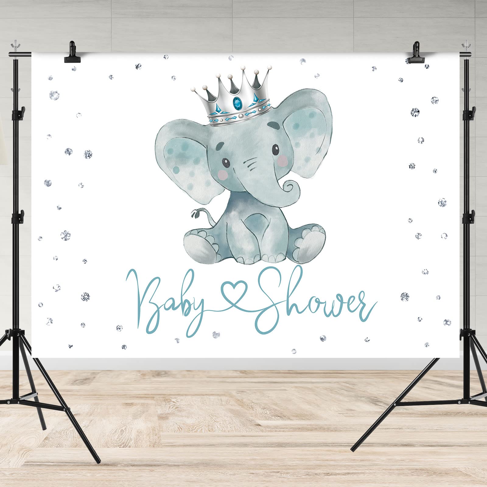 Elephant Baby Shower Backdrop - 7x5ft Soft Fabric Photography Background for Boys, Fresh Prince Silver Theme | Perfect for Baby Shower Decorations, Birthday Parties & Photo Booth Props | Great for Nursery Decor and Gender Reveal Events