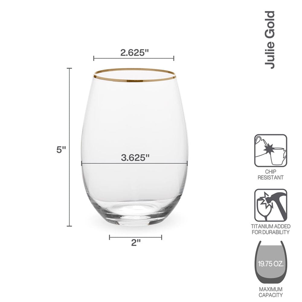 Julie Gold Set of 4 Stemless Wine Glasses - Elegant Unbreakable Crystal Clear Glassware for Red White Wine & Cocktails - Perfect for Parties, Weddings & Home Entertaining