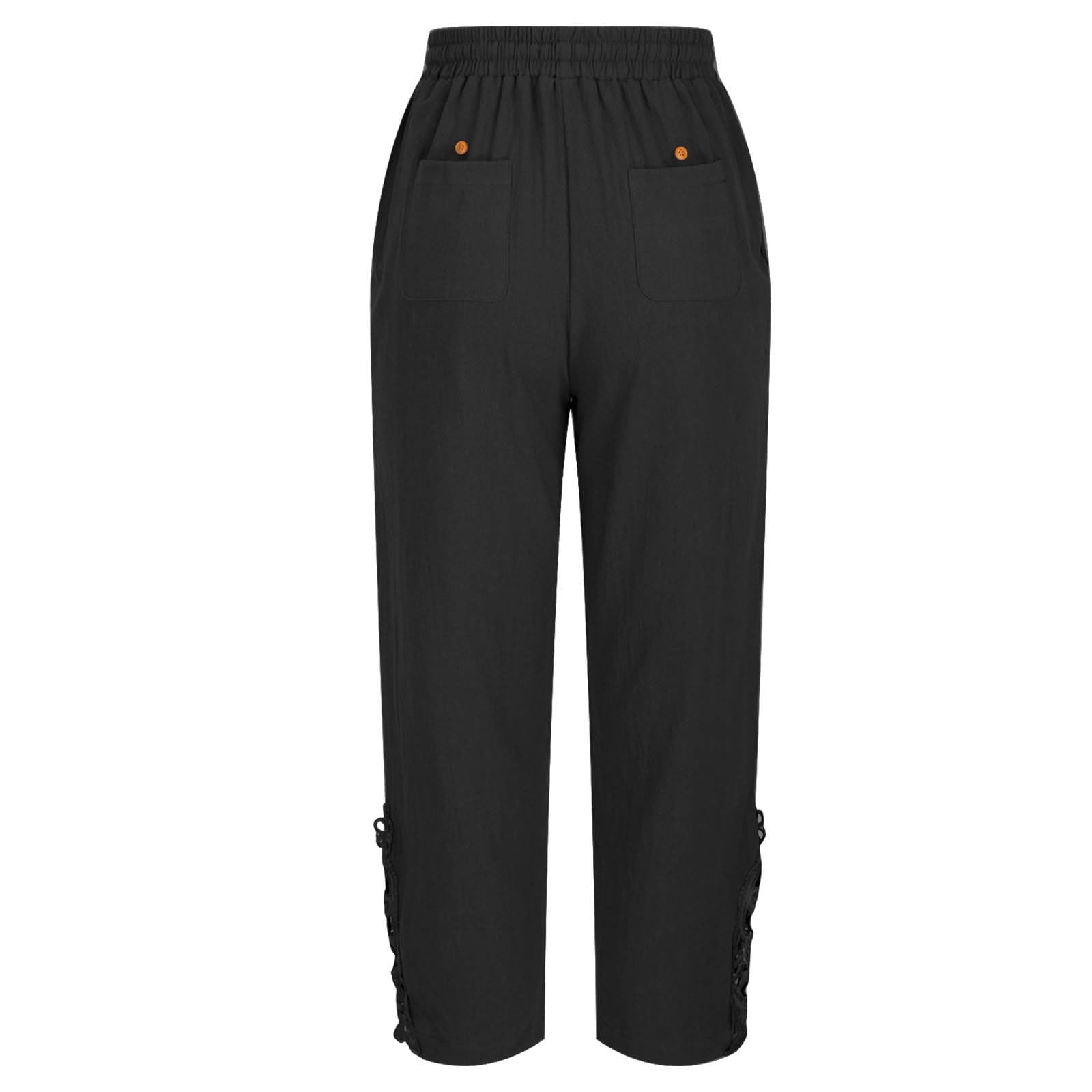 Women's Cotton Lace Drawstring Casual Pants - Natural Shift Pants with Button Waist & Full Length - Perfect for Lounge, Work from Home & Everyday Wear
