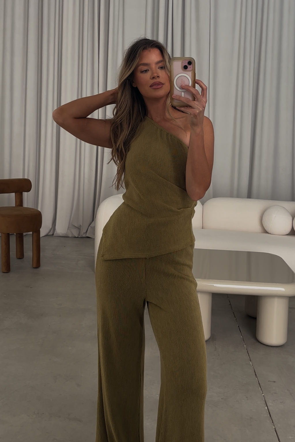 Ashley Asymmetrical One Shoulder Top and Pants Set in Olive | Women's Fashion Outfit for Party, Date Night & Special Occasions