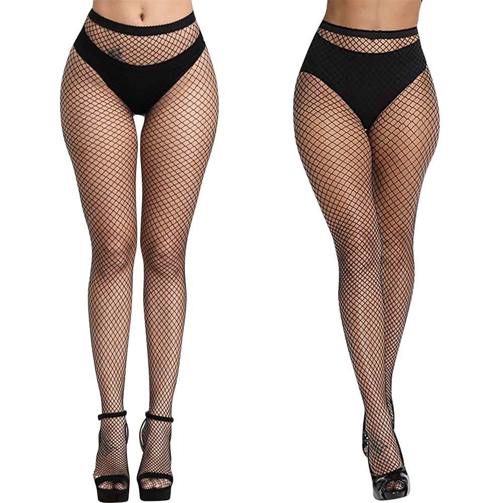 Aomig 4 PCS Black Fishnet Tights for Women - Sexy High Waist Pantyhose Stockings with Suspender, One Size Fits All - Perfect for Halloween, Cosplay, Burlesque & Night Out Outfits