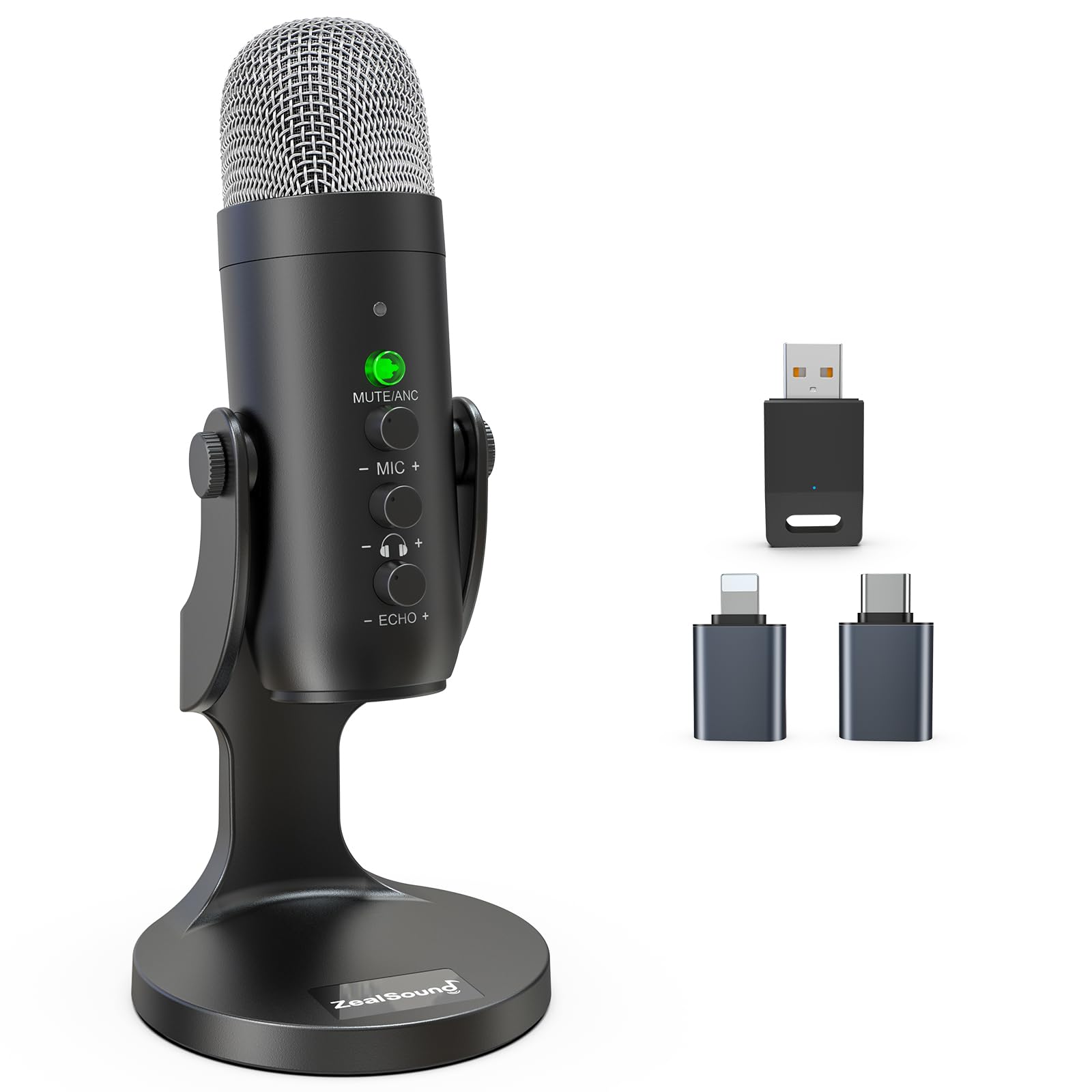 ZealSound Wireless USB Microphone for iPhone, PC, iPad, Android - Bluetooth 2.4GHz Condenser Mic with Mute, Echo, Volume Control for Podcasting, ASMR, Gaming, YouTube Videos - Perfect for Home Studio, Live Streaming & Voice Recording
