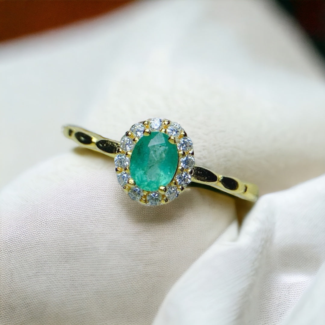 18K Gold Statement Emerald Halo Ring for Women | Elegant Vintage Engagement Wedding Ring | Perfect for Anniversary, Proposal & Special Occasions | NS2402