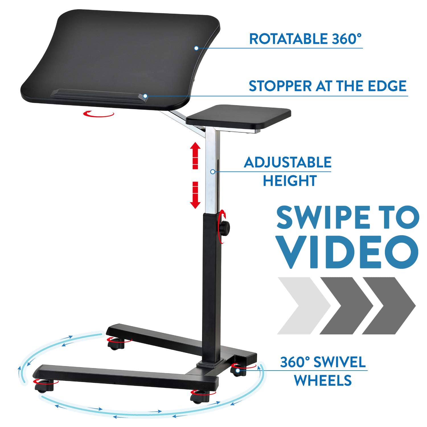 Tatkraft Joy Adjustable Height Portable Laptop Desk with Mouse Pad - Ergonomic Rolling Computer Stand for Home Office, Gaming & Study - Sturdy Black Workstation for Comfortable Computing Anywhere