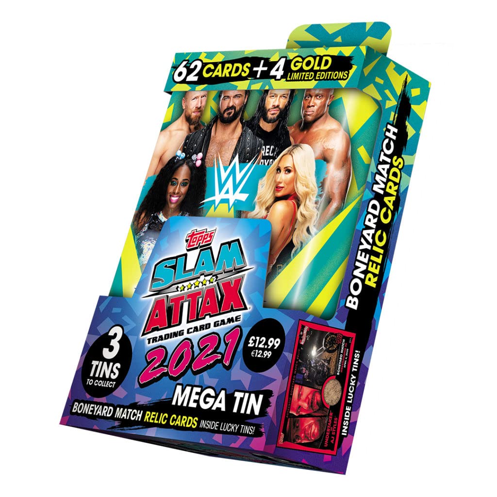 2021 Topps WWE Slam Attax Trading Cards Mega Tin - 62 Cards + 4 Limited Edition Collectibles | Perfect for WWE Fans, Card Collectors & Game Nights