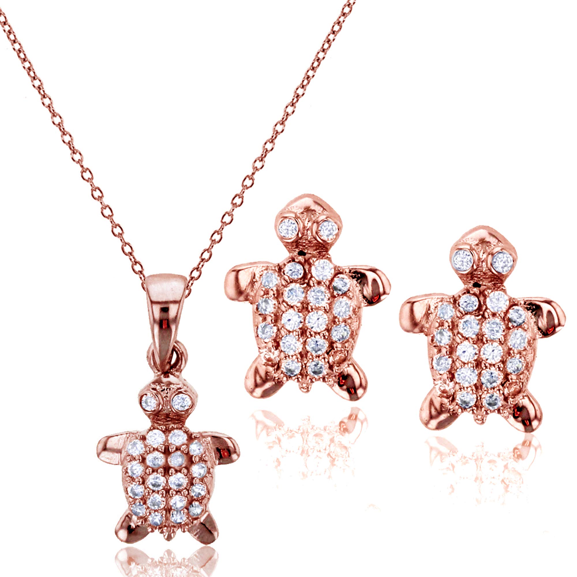 Sterling Silver Rose Micropave Turtle Stud Earrings and 18