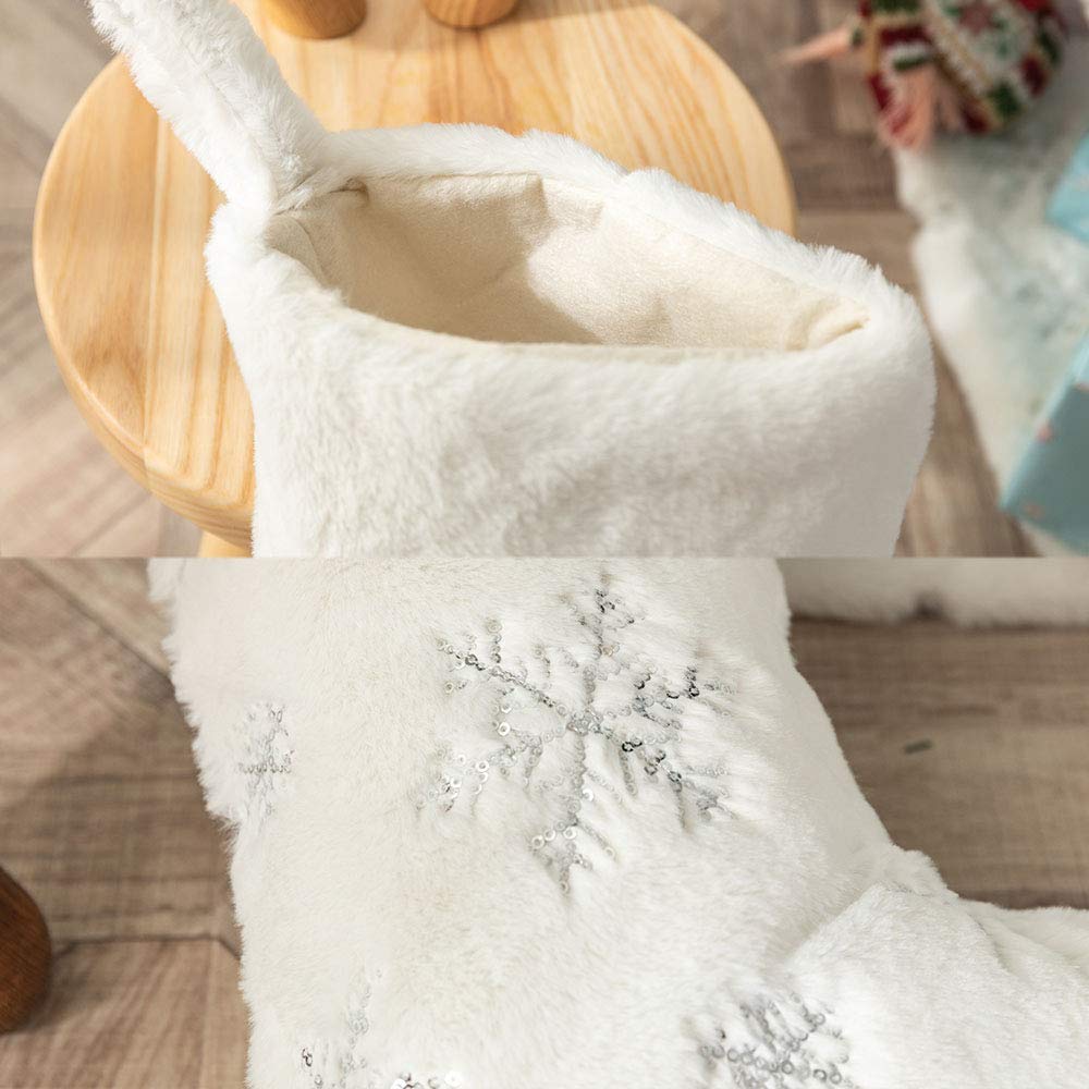 2PCS Large Plush Christmas Stockings - 22 Inches White Faux Fur Xmas Stockings with Silver Sequin Snowflake Design for Fireplace Mantel Decor | Perfect for Holiday Gift Giving & Christmas Home Decor
