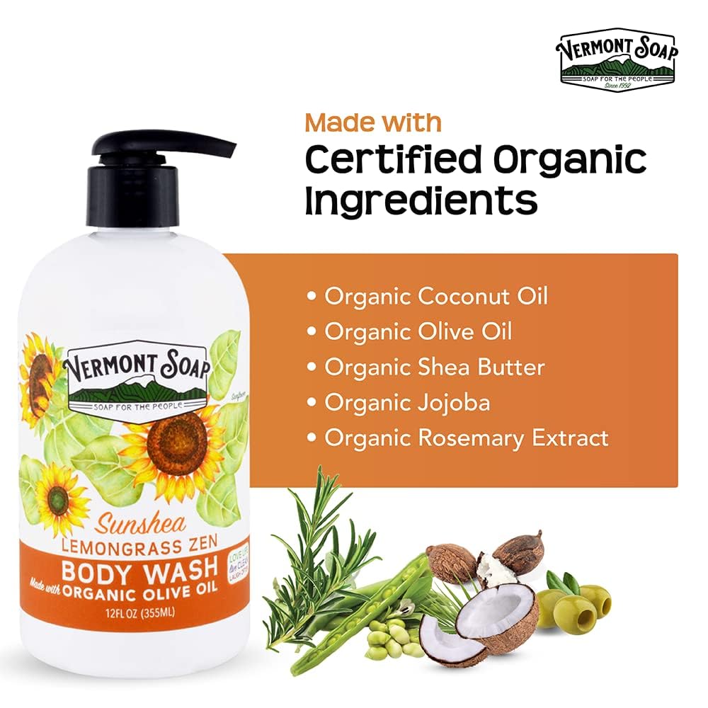 VERMONT SOAP Natural Body Wash with Shea Butter - Moisturizing & Soothing Fragrance-Free Gel Body Wash for Women & Men (Lemongrass Zen, 12oz) - Perfect for Sensitive Skin & Daily Shower Routine