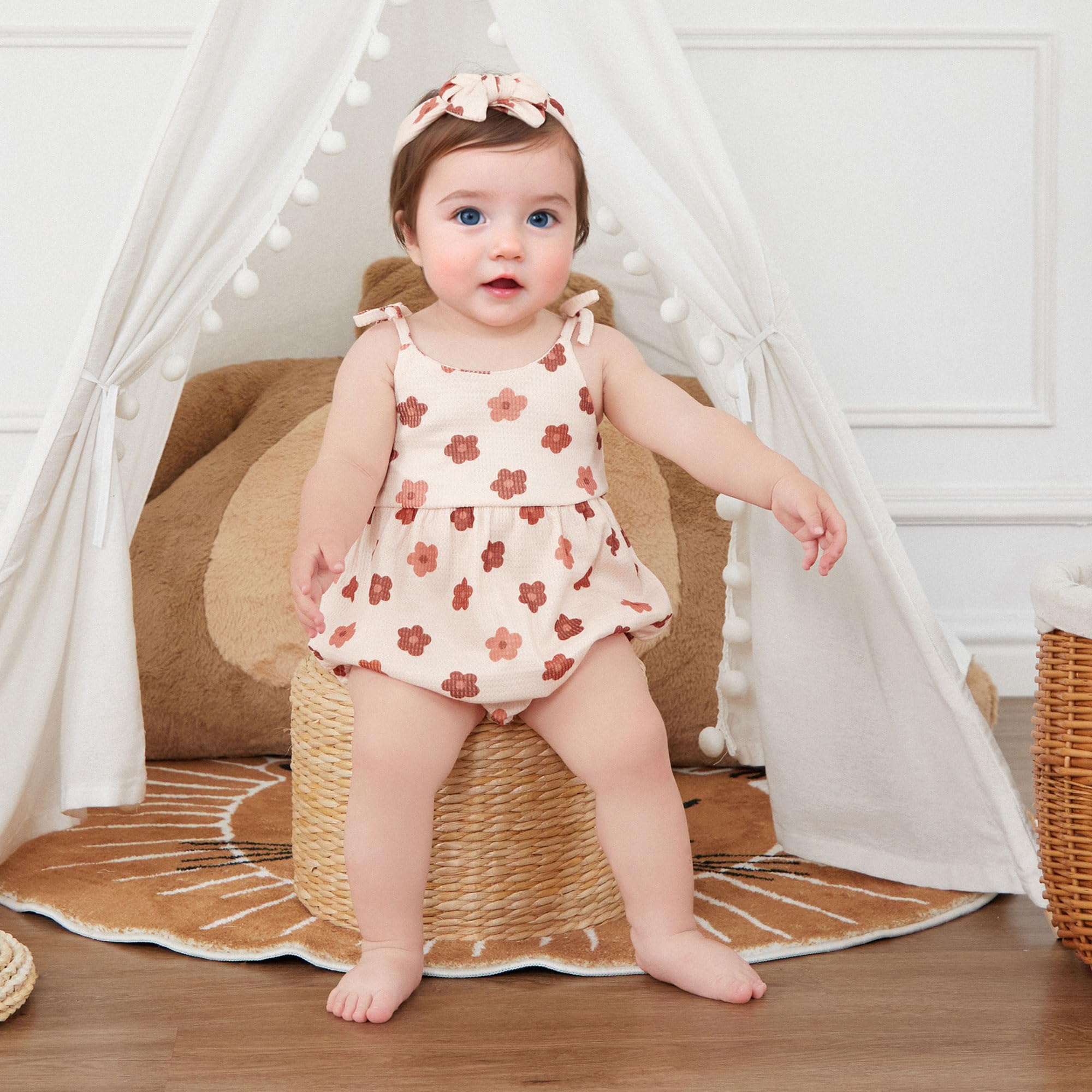 Floral Bubble Romper for Baby Girls - Sleeveless Jumpsuit with Headband | Newborn Summer Outfit for Playtime & Photo Shoots