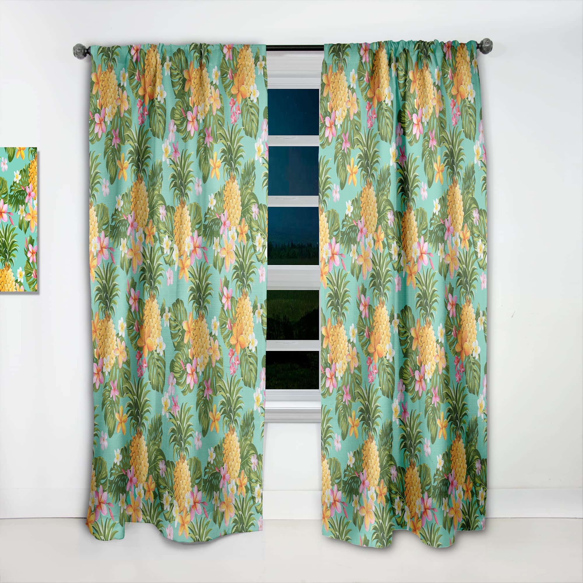 DesignQ Pineapple & Tropical Flower Print Thermal Insulated Curtains - Single Panel 52x95 Inches for Bedroom & Living Room - Blackout Drapes for Home Decor & Sun Protection