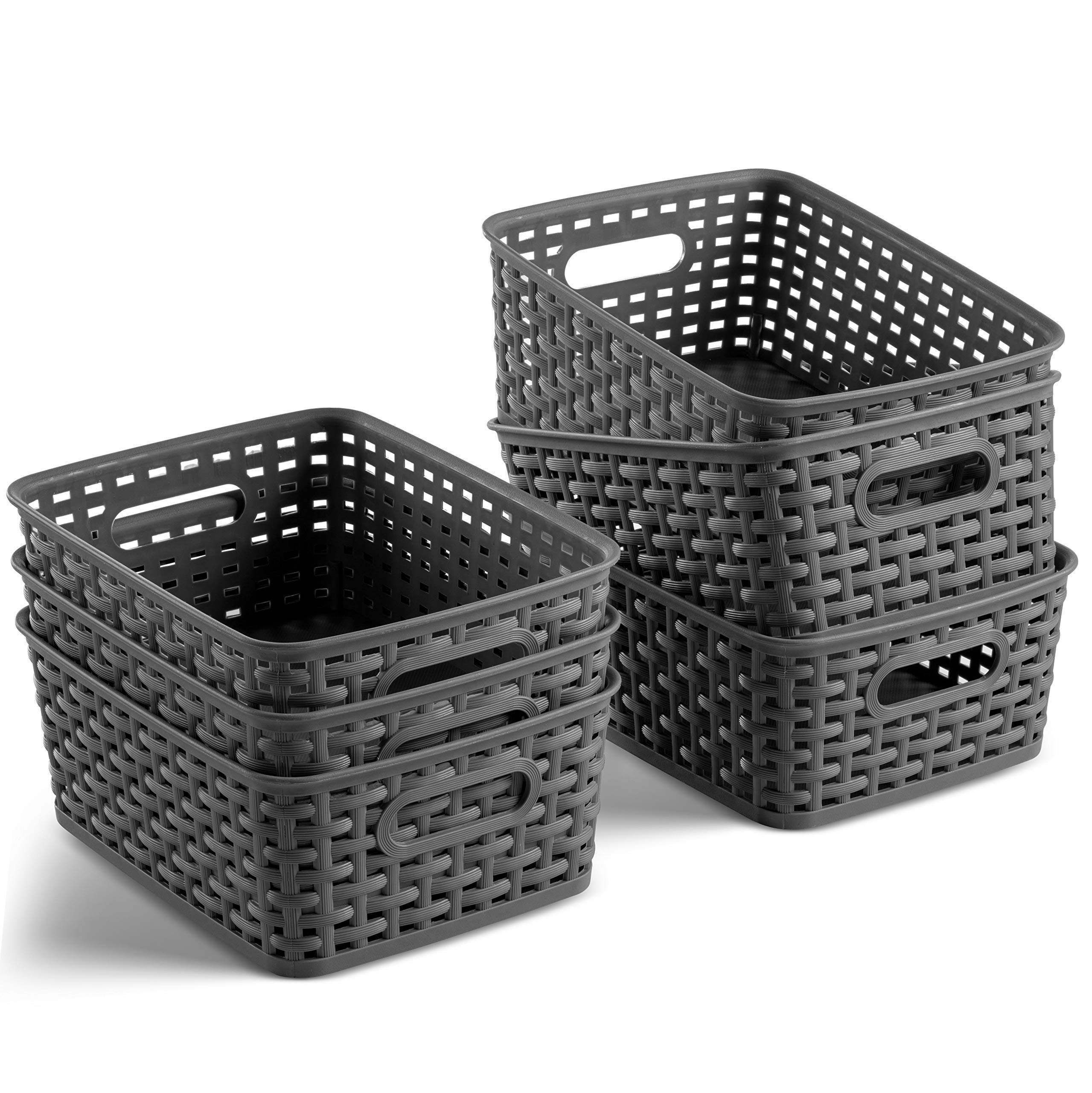 6-Pack Plastic Storage Baskets - Small Pantry Organizer with Handles for Kitchen, Bathroom & Bedroom | Space-Saving Home Organization Solution for Cabinets, Countertops & Shelves | Durable Stackable Bins for Easy Storage