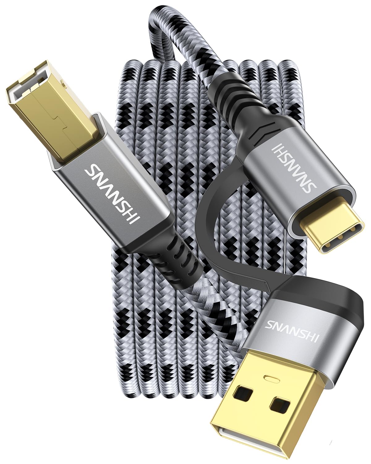 2-in-1 Printer Cable 10 Feet - High-Speed USB A/C to B Printer Cable with Nylon Braiding for HP, Canon, Brother, Samsung, Dell, Epson Printers | Durable MIDI Cord for Home Office & Studio Use