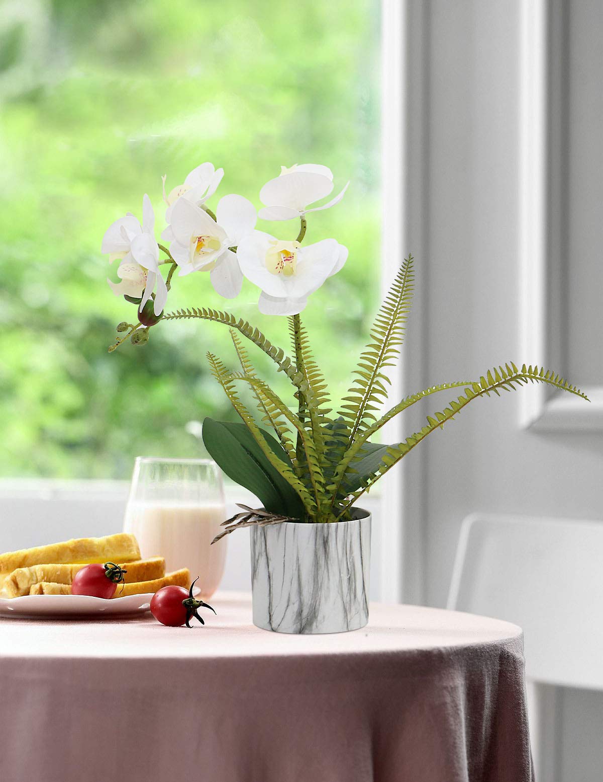 Olrla White Orchid Artificial Flowers in Pot - Real Touch Fake Orchid Plants for Home Decor, Kitchen, Bathroom, Office & Wedding Centerpieces - Lifelike Silk Floral Arrangement for Tabletop Decorations (White, 1 Pack)