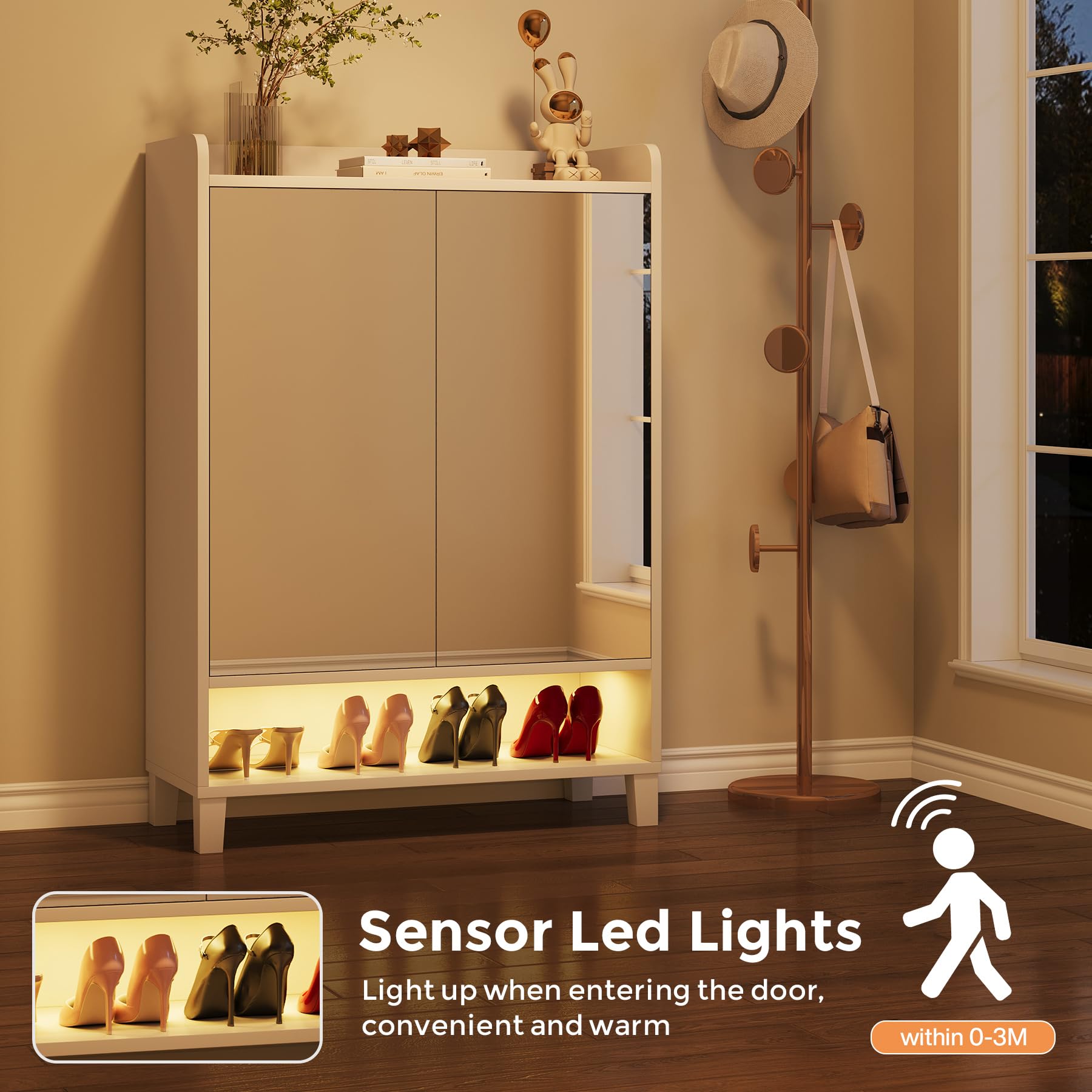 7-Tier Shoe Cabinet with Mirrored Door & LED Light - Adjustable Shelf Freestanding Shoe Storage Organizer for Entryway, Hallway - Modern White Shoe Rack for Home, Apartment, Dorm Organization