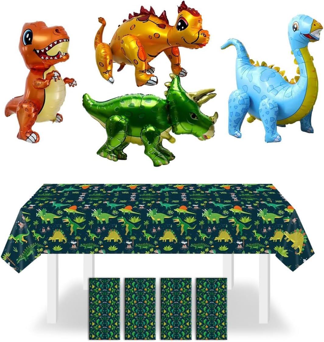 Dinosaur Birthday Party Supplies Set - 4 Green Dinosaur Tablecloths & 4 Blue Dino Foil Balloons for Kids Birthday Decorations | Perfect for Jurassic Themed Parties, Baby Showers & Classroom Celebrations