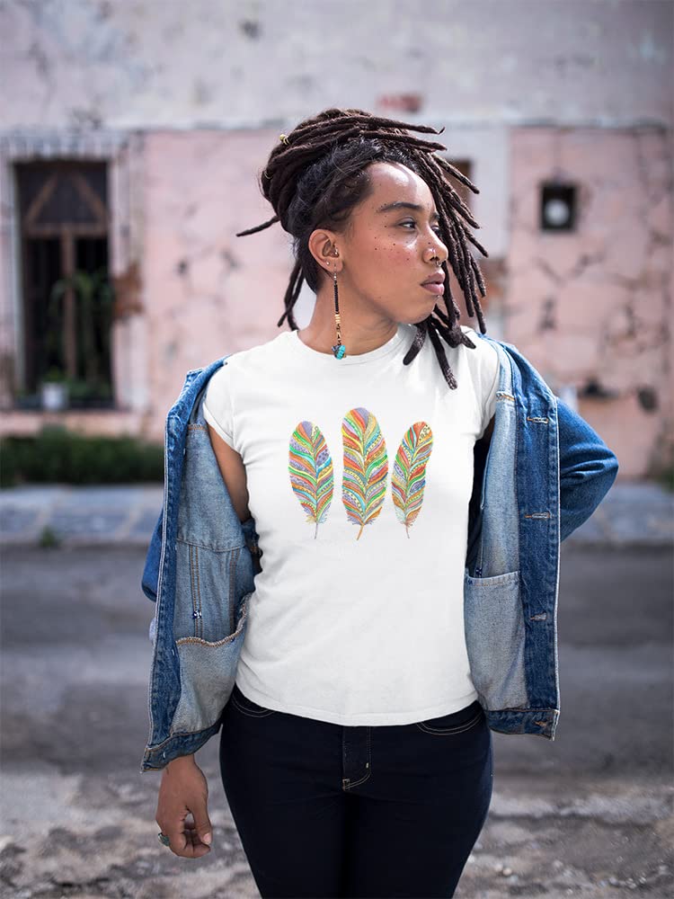 Women's Three Rainbow Feathers Graphic T-Shirt - Soft Cotton Casual Tee for Everyday Wear, Street Style & Festival Outfits
