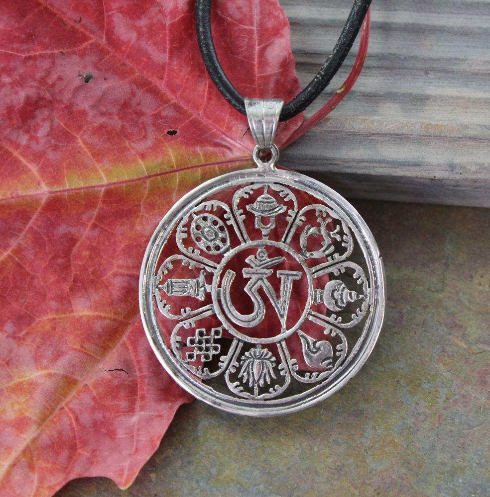 Handmade Sterling Silver Om 8 Auspicious Symbols Pendant Necklace - Spiritual Jewelry for Meditation, Yoga & Blessing Gifts