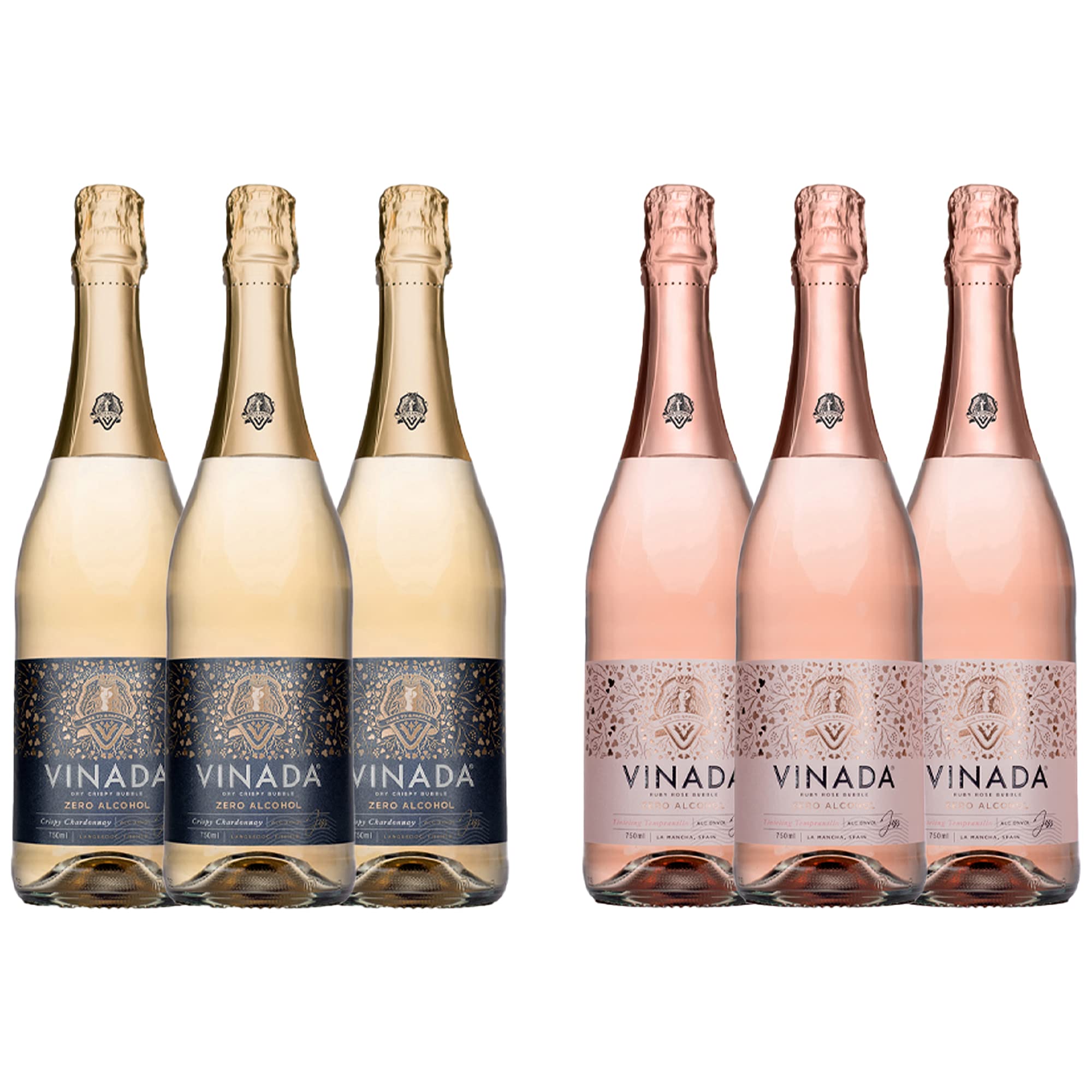 VINADA Alcohol-Free Sparkling Rosé & Crispy Chardonnay Wine Variety Pack - 750 mL (6 Glass Bottles) - Perfect for Celebrations, Parties & Mocktails