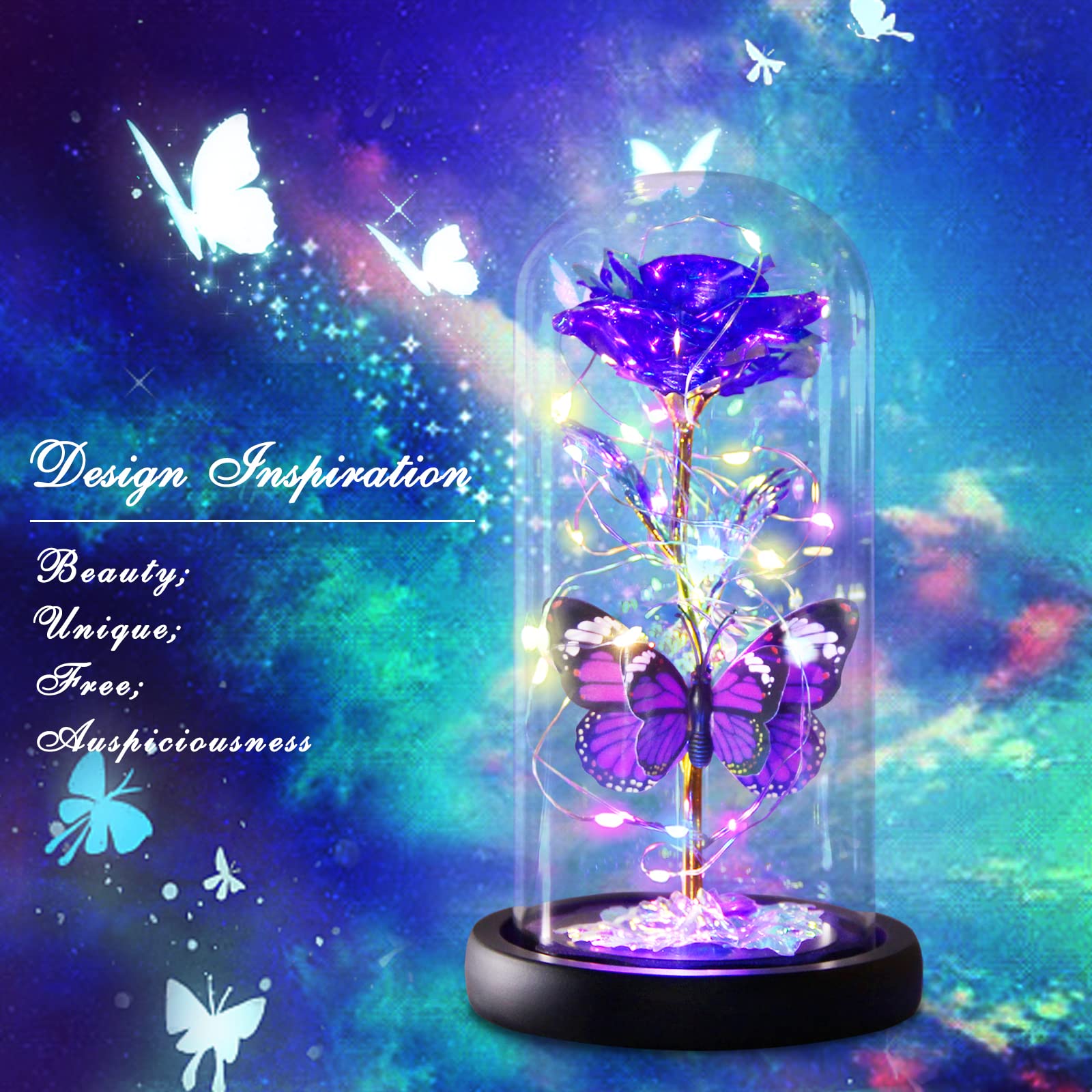 Purple Butterfly Rose Flower Gift - Elegant Light Up Rose for Women, Mom, Wife, Grandma, Girlfriend, Daughter, Sister - Perfect for Birthday, Mother's Day, Valentine's, Anniversary, Christmas & Thanksgiving - Romantic Home Decor & Special Occasion Present