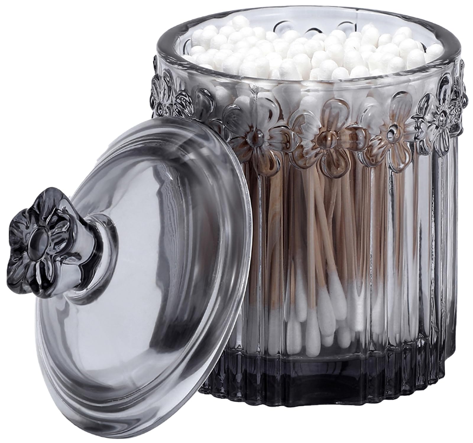 Rejomiik Glass Apothecary Jars with Lids Set - 3-Piece Bathroom Organizer for Cotton Balls, Cotton Swabs & Dental Floss | Stylish Grey Canisters for Countertop Storage & Vanity Decor (Perfect for Bathroom, Bedroom or Salon Organization)