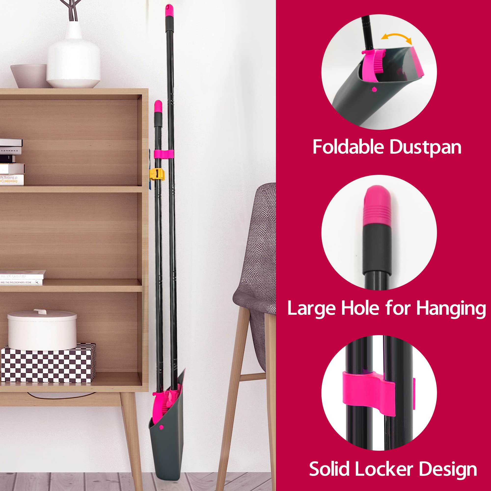 JEHONN Broom and Dustpan Set - Lightweight Long Handle Indoor Sweeping Kit with Upright Standing Dustpan & Comb Teeth - Perfect for Home, Kitchen, Office & Lobby Cleaning (Rose Red) | Space-Saving Storage & Easy Sweeping Solution